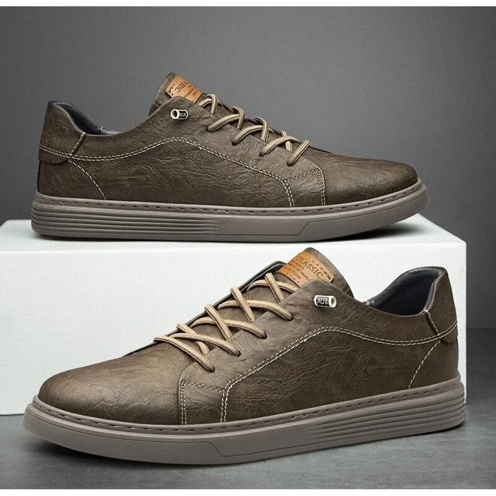 Italian Style Leather Mens Brown 10.5 Oxford Sneakers Size 44 Breathable
